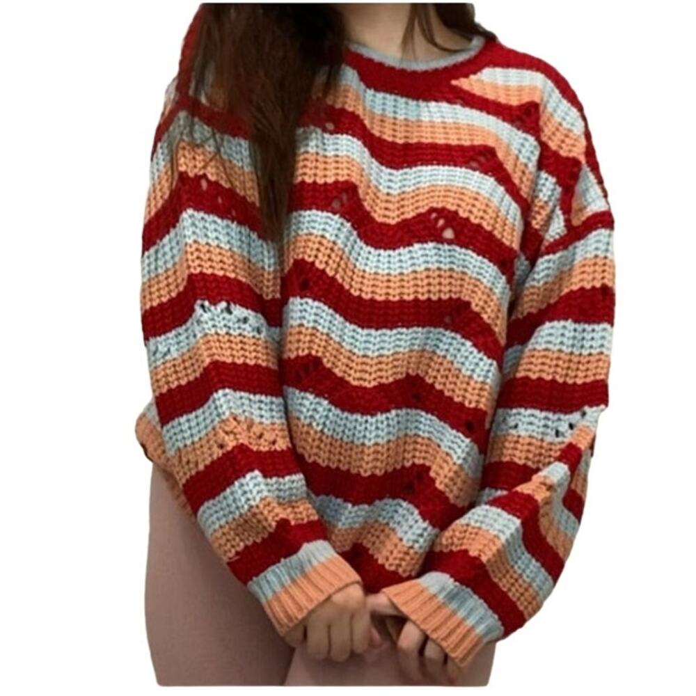 Amazon Multicolor Oversized Crochet Crewneck Sweater size Large